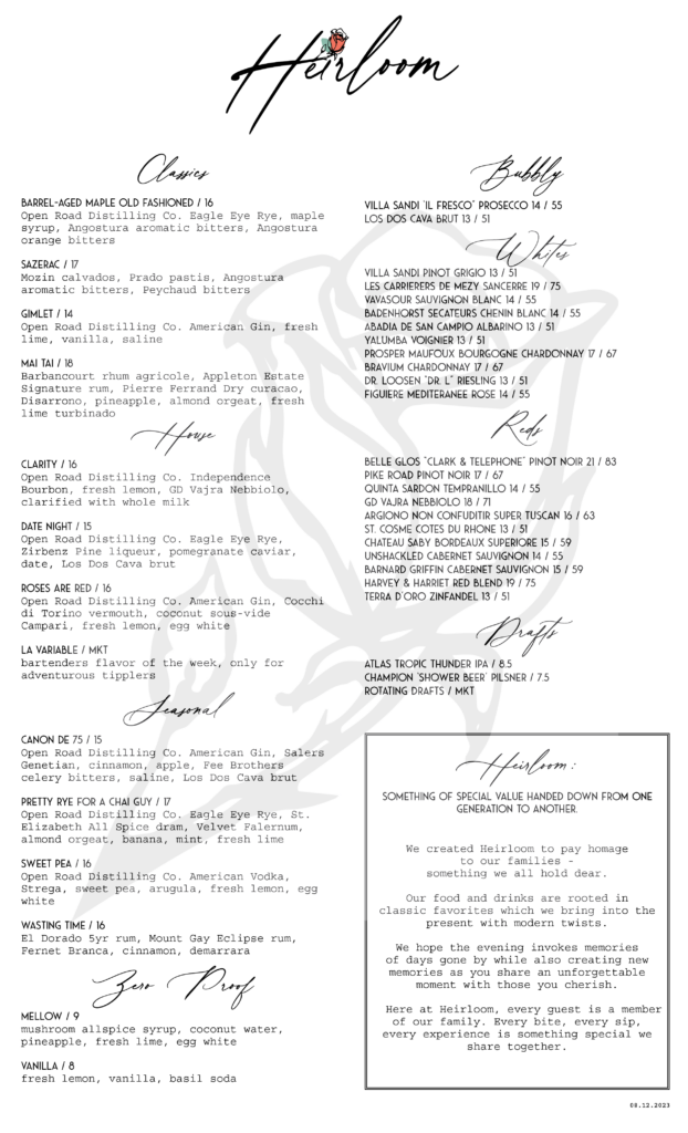 Drink menu heirloom